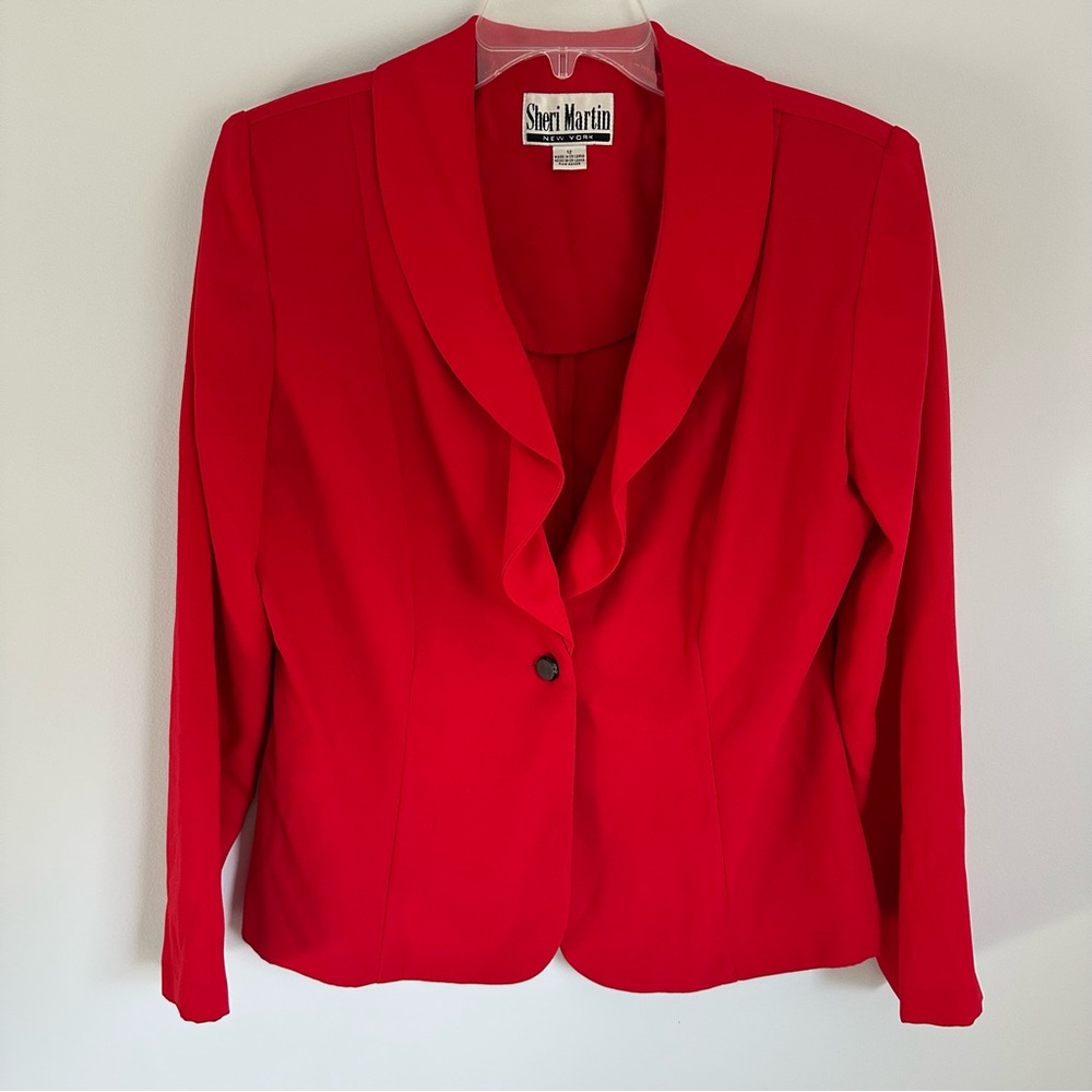 Sheri Martin New York Vintage 80s 90s Old Money Red Ruffle Blazer Blouse Top